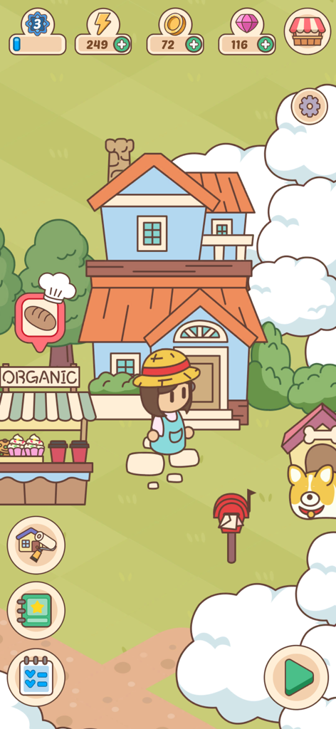 Merge Mend : Renovate Town - Un personaje de dibujos animados adorable en una aldea acogedora con una casa azul y un puesto de mercado orgánico