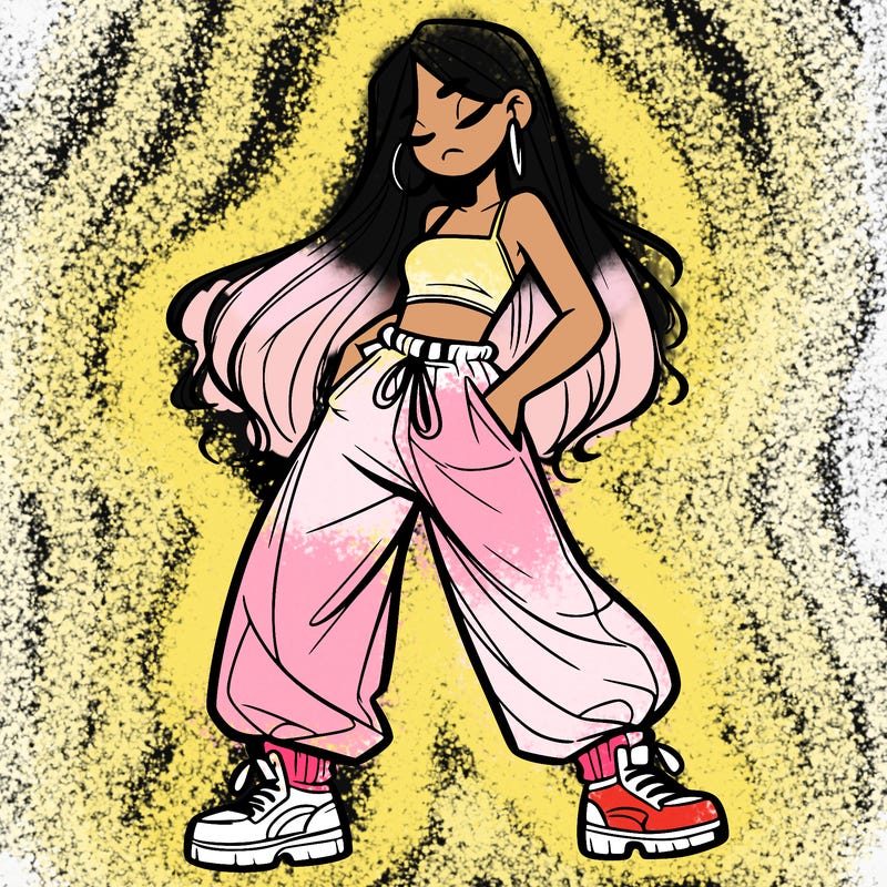 girl in baggy pants crop top and long hair