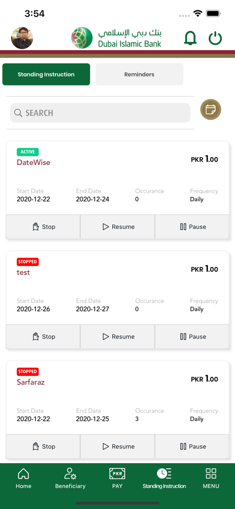 DIB Pakistan - DIB Pakistan mobile app standing instruction interface showing recurring payment list