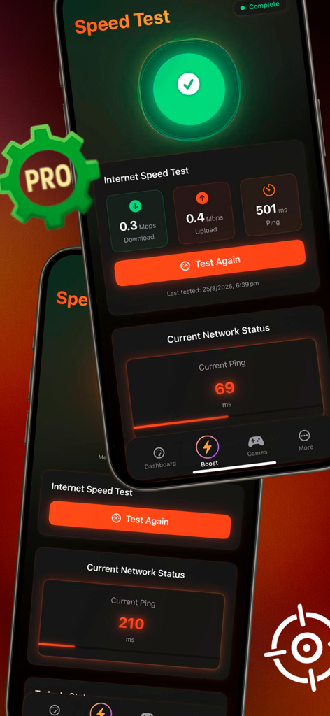 Interface de GFX Pro Headshot Game Booster montrant les résultats du test de vitesse Internet et l'état actuel du ping réseau.