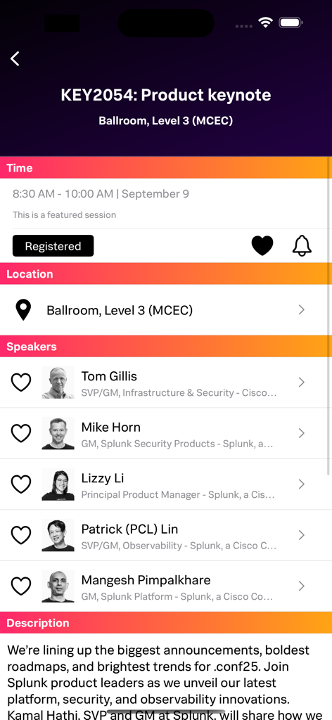 Interface do aplicativo Splunk Events mostrando os detalhes da sessão do Keynote do Produto, incluindo a lista de palestrantes e a localização do local.