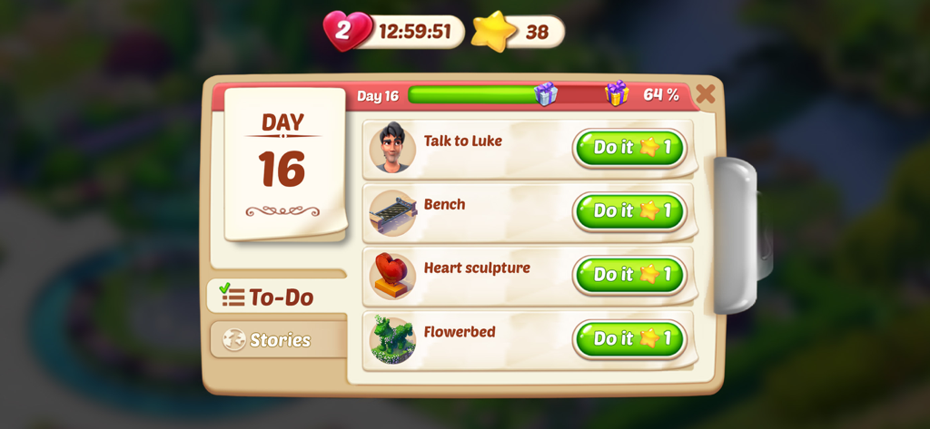 Lily’s Garden: Match & Design - Lily's Garden 게임 인터페이스에 정원 개조 및 스토리 진행을 위한 일일 할 일 목록이 표시됨