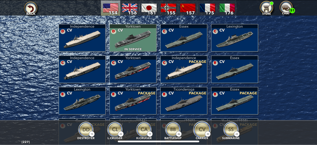 Naval Warship Tactics: Online - Selection menu showing US Navy aircraft carriers in the game Naval Warship Tactics Online