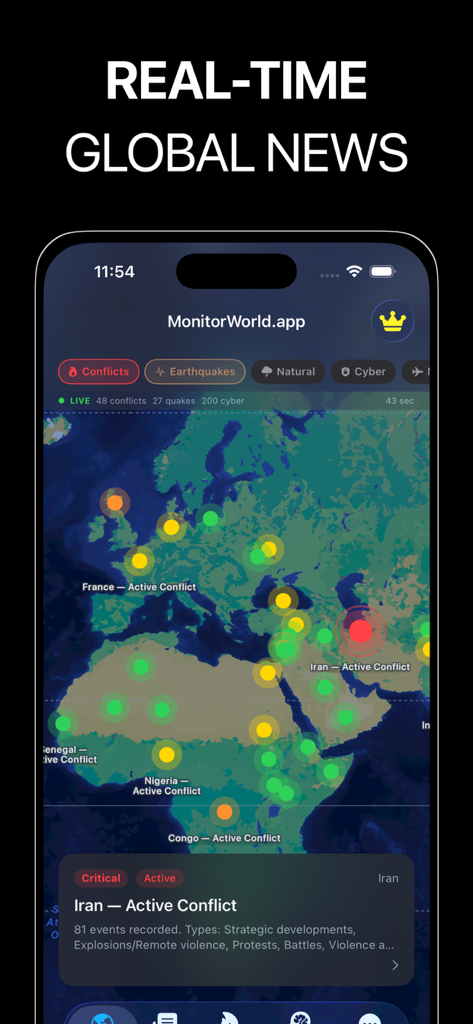 World Monitor App - Real-time global news map showing active conflicts and geopolitical events with color-coded markers