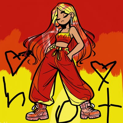 girl in baggy pants crop top and long hair