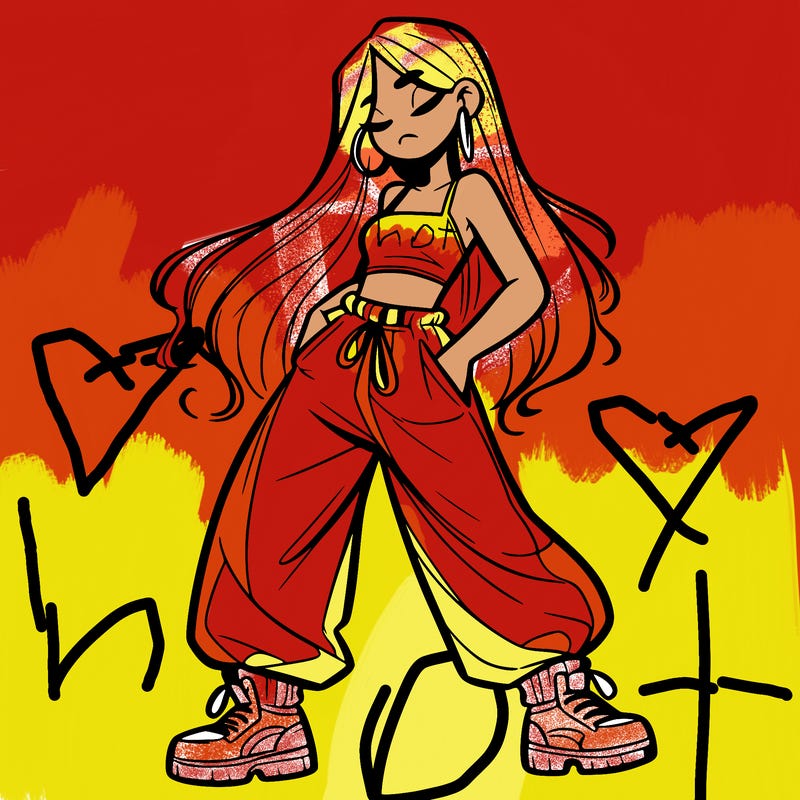 girl in baggy pants crop top and long hair