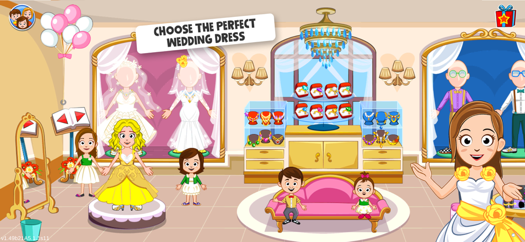 My Town - Plan a Wedding Day - マイタウン プラン ア ウェディング デイで、キャラクターたちがブティックでウェディングドレスやジュエリーを選んでいる様子