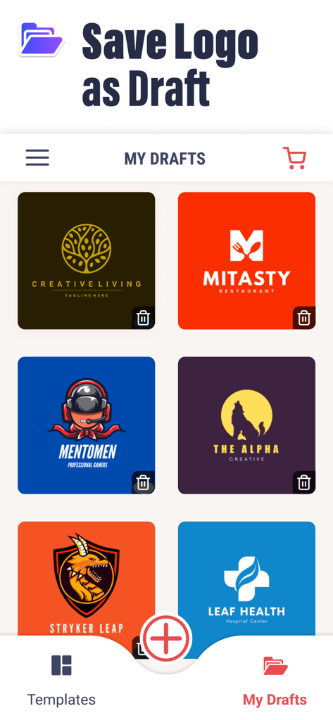 Logo Creator - Logo Maker App - Gallery of saved logo drafts in the Logo Creator mobile app.