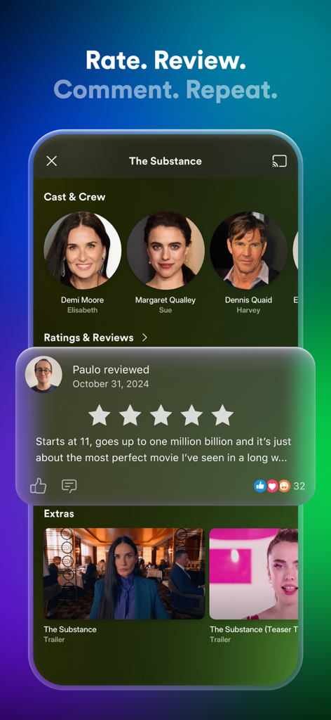 Plex app interface showing movie cast, trailers, and a 5-star user review for the film The Substance.