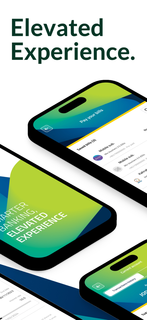 BOJ Mobile - بنك الأردن - BOJ Mobile app interface showing bill payment and transaction history