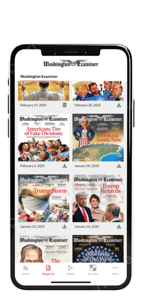 Uma grade de capas de revistas digitais do Washington Examiner em uma tela de aplicativo de smartphone