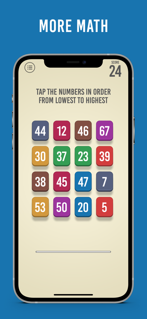 Math Bits - Brain Training - Interface do aplicativo de treino cerebral Math Bits mostrando um jogo de ordenação de números com blocos coloridos.