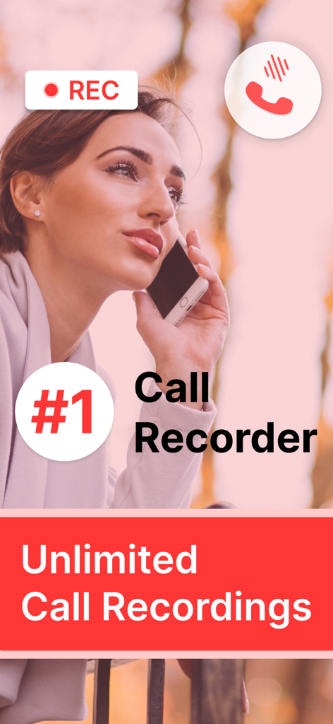 Call Recorder - Record Calls © - Screenshot der Call Recorder App, der eine Frau im Anruf zeigt, mit der Überschrift für unbegrenzte Anrufaufzeichnungen