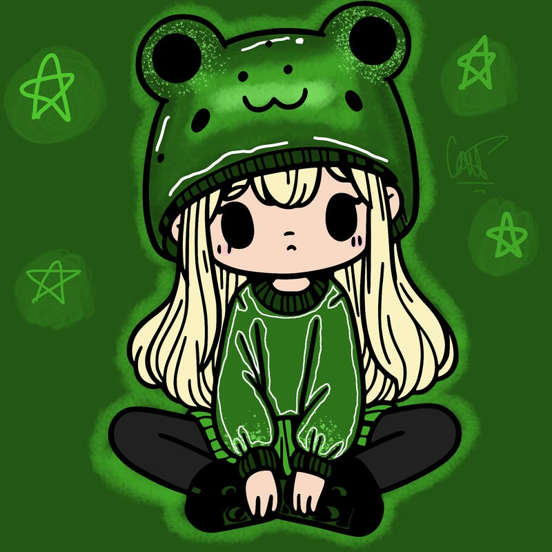 a girl wearing a frog hat and some frog socks