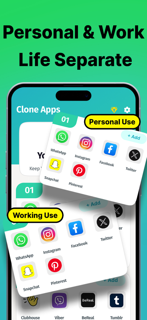 Clone Apps - Parallel Space - 소셜 미디어용 개인 용도 및 업무 용도 계정의 별도 범주를 보여주는 Clone Apps 인터페이스가 있는 스마트폰 화면