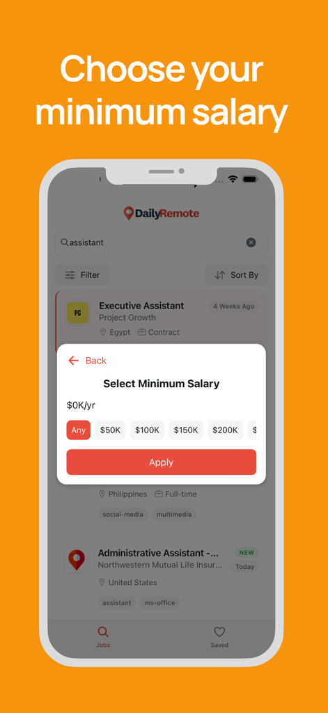 Schermata dell'app DailyRemote che mostra un menu a comparsa per selezionare lo stipendio minimo per gli annunci di lavoro da remoto