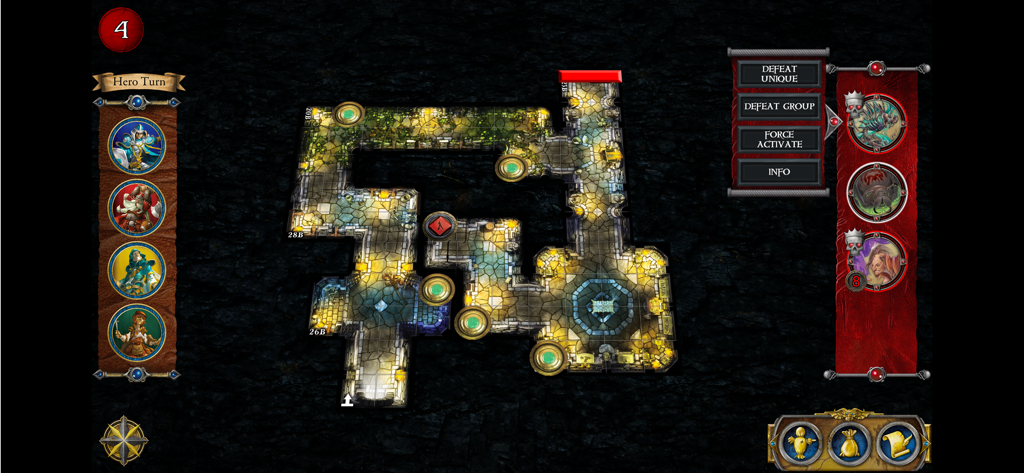 Um mapa digital de masmorra de cima para baixo do aplicativo Road to Legend mostrando retratos de heróis e opções de controle de monstros