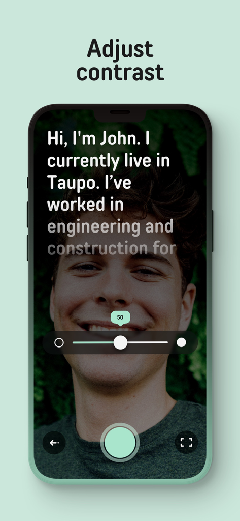 A user adjusting the text contrast slider in the Prompted teleprompter app over a selfie video preview