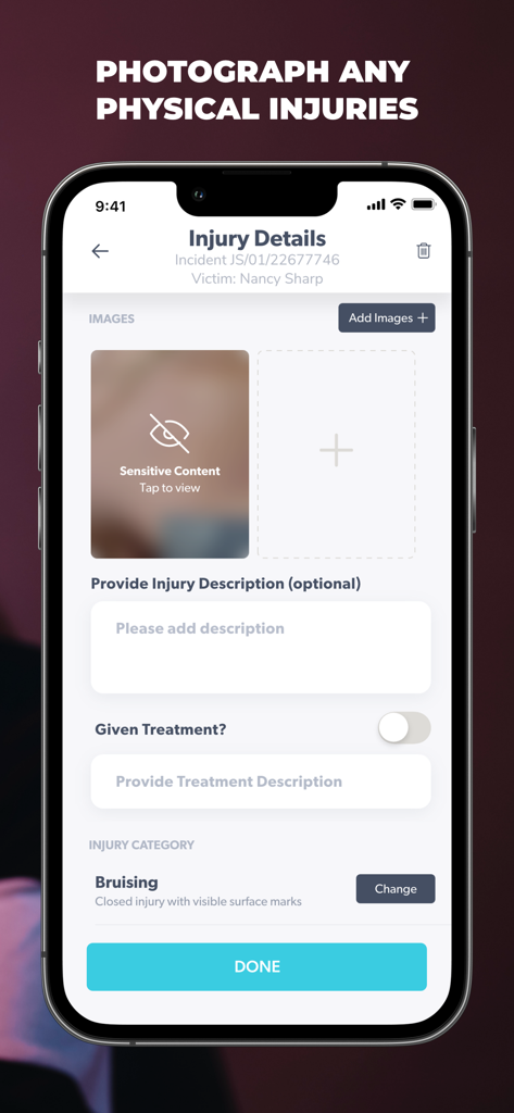 Injury Capture - Injury Capture app screen for documenting physical injuries with photo uploads and descriptions