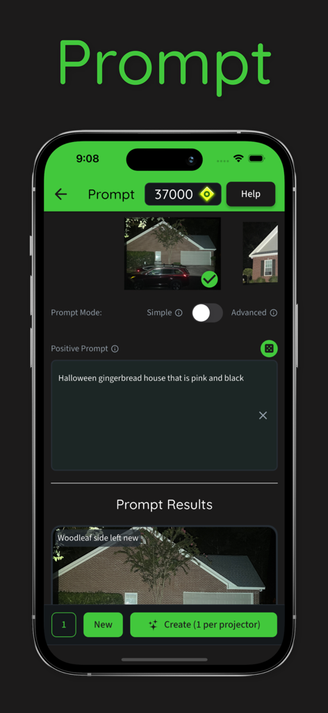 illumibot - Smartphone screen showing the illumibot app prompt interface for creating custom house projection art