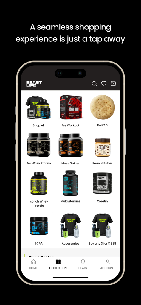 Beastlife - Beastlife app shop interface showing fitness supplements like whey protein and mass gainer