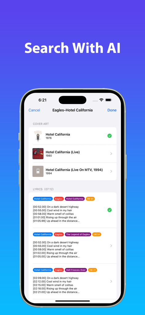 MP3 Tag：Music Tag Editor - Interface do aplicativo MP3 Tag mostrando resultados de pesquisa IA para capa de música e letras