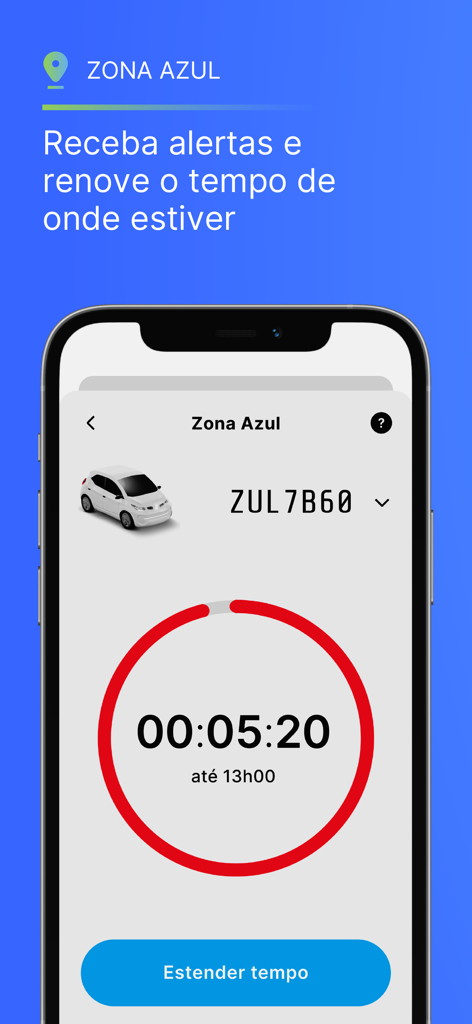 Smartphone screen showing a parking countdown timer and extend time button in the Zul plus app