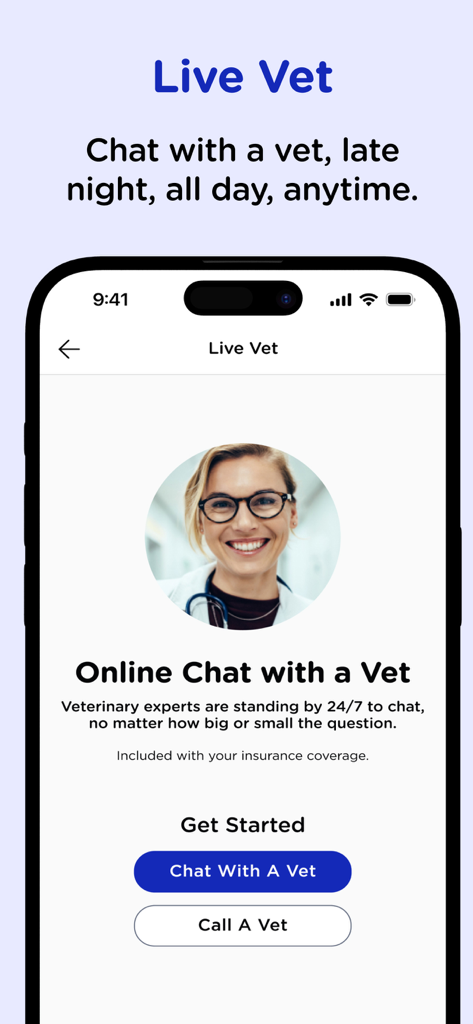 Oberfläche der Pet Cloud App, die Optionen zeigt, um 24/7 mit einem Live-Tierarzt zu chatten oder ihn anzurufen