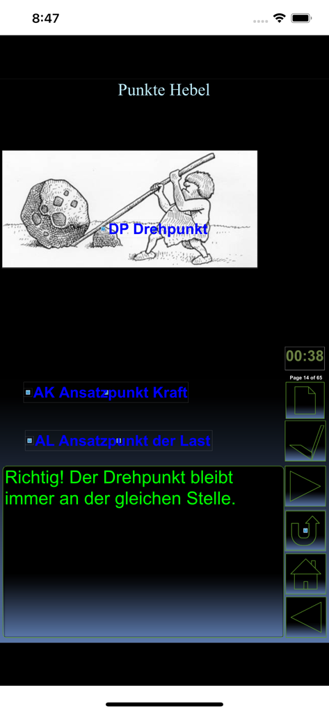 iPhysik 1 Quiz deutsch - Educational physics quiz screen showing a caveman using a lever with German labels for pivot point and force application