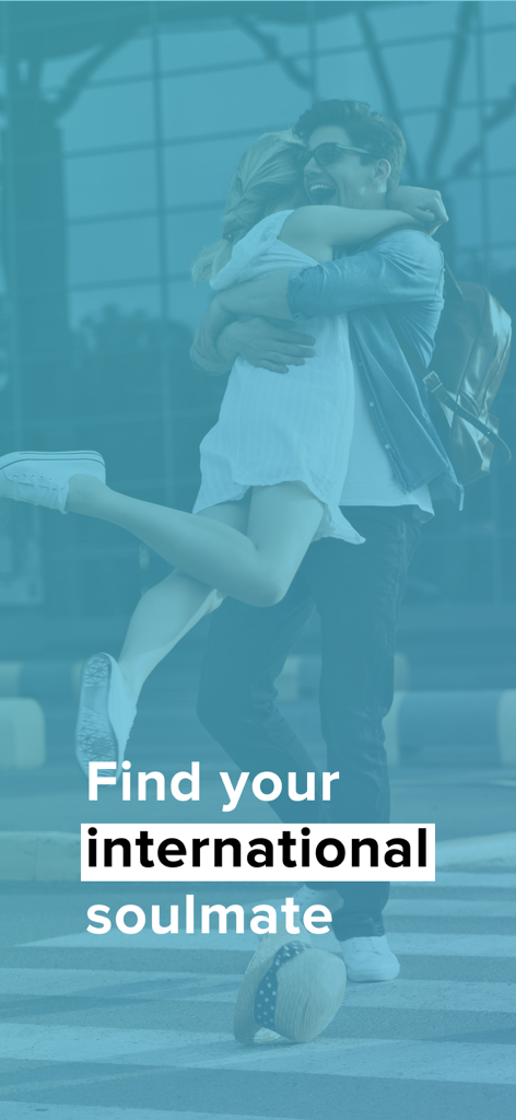 Joyful couple hugging with the text Find your international soulmate