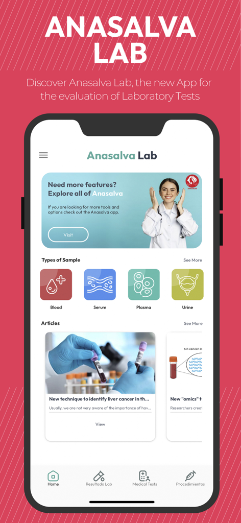 Anasalva Lab - Interface do aplicativo móvel Anasalva Lab mostrando tipos de amostras de exames laboratoriais e artigos médicos