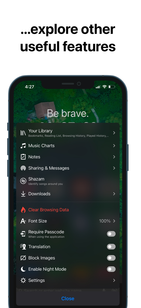 RedApp Browser - A list of RedApp Browser features including Library Music Charts Notes and Privacy Settings
