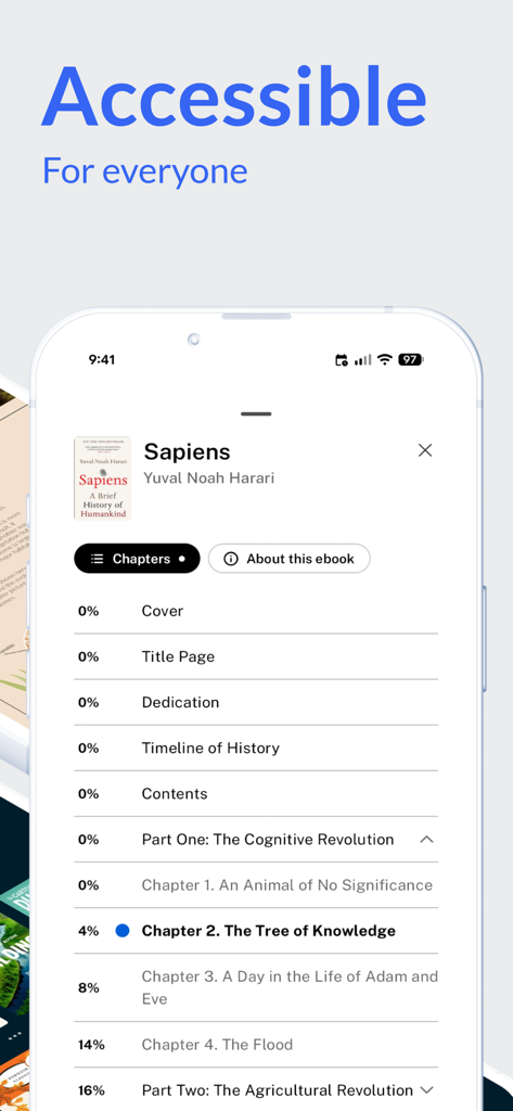 eBooks.com - Uno schermo di telefono cellulare che mostra l'indice del libro Sapiens nell'app eBooks.com con l'intestazione Accessibile a tutti.