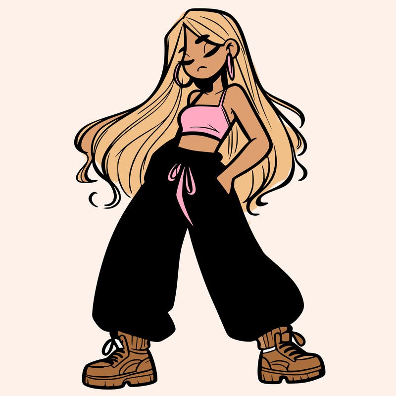 girl in baggy pants crop top and long hair