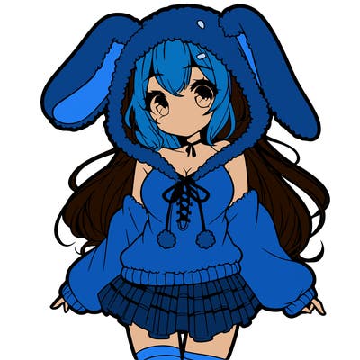 pretty anime girl wearing a fluffy hoodie with bunny ears on the hood and a skirt