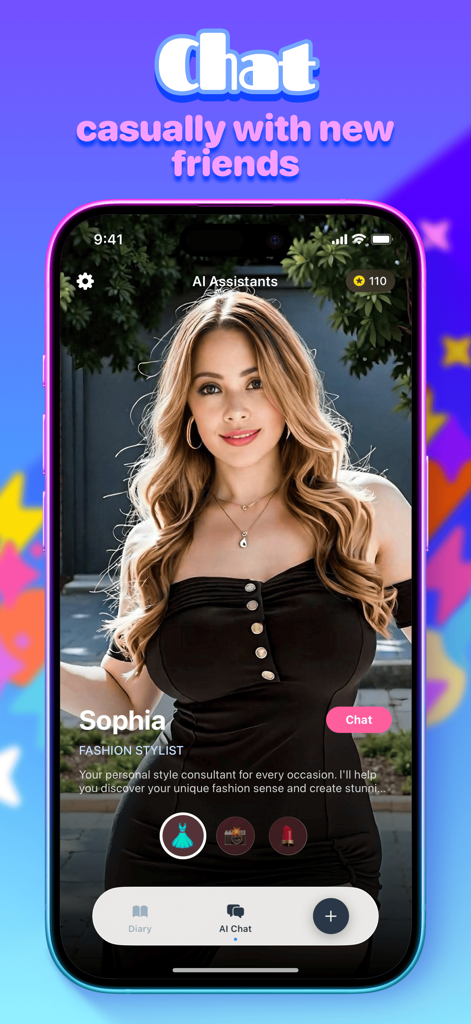 Delio - Log Your Wisdom - Ein mobiler Screenshot der Delio-App, der einen KI-Assistenten namens Sophia zeigt, der als Mode-Stylist für interaktive Chats fungiert.