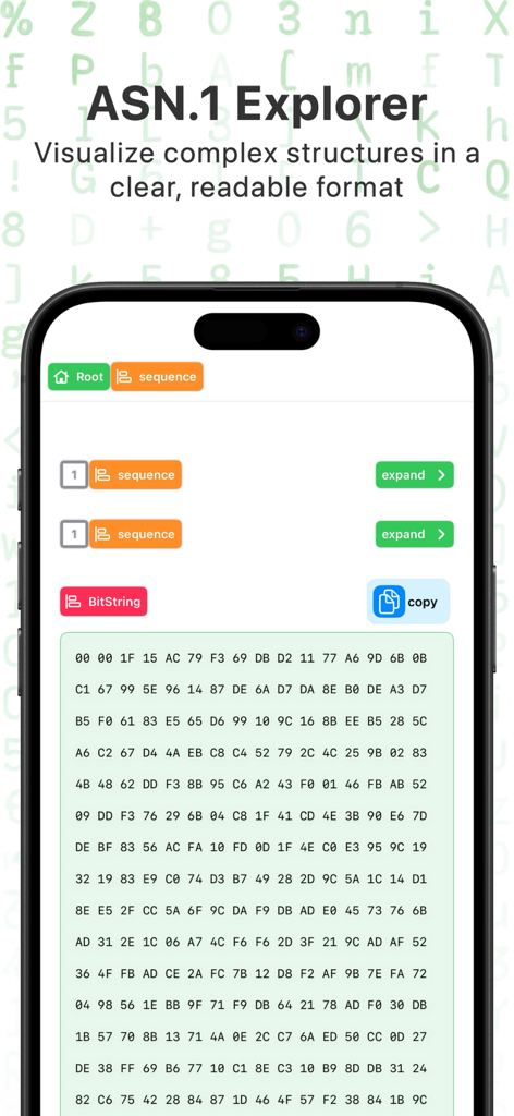 Crypto Tools (De)Encryption - Pantalla ASN.1 Explorer en la aplicación Crypto Tools mostrando estructuras de datos visualizadas y datos hexadecimales de bitstring