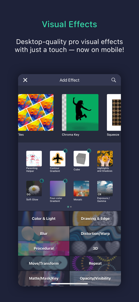 Alight Motion app screen displaying a library of professional visual effects for mobile video editing.