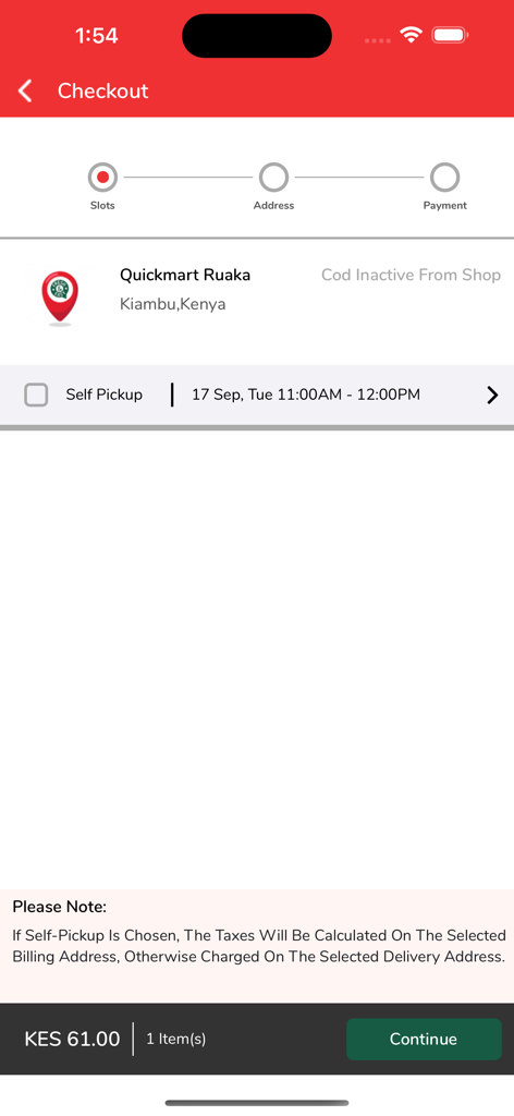Quickmart Online - Q SOKO - Quickmart Online app checkout page showing slot selection and pickup options
