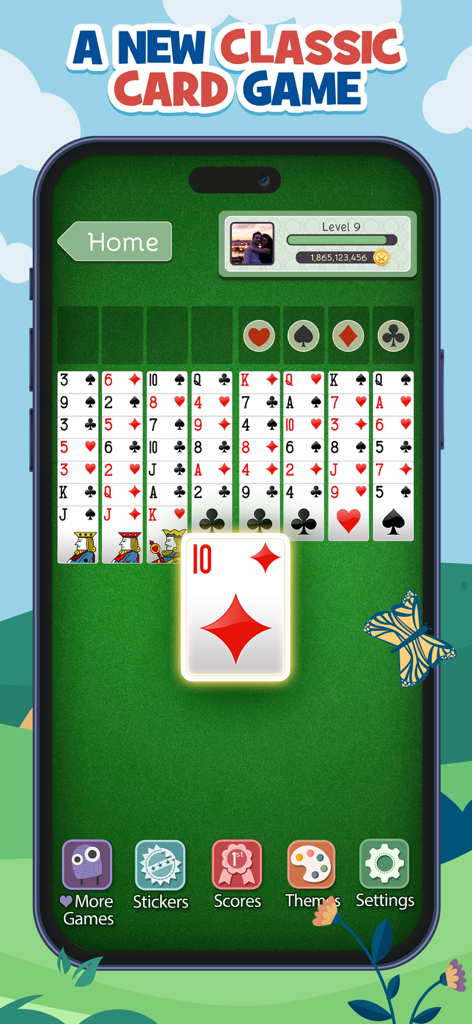 Interfaz del juego móvil FreeCell Deluxe Social mostrando cartas fáciles de leer sobre un fondo de mesa verde