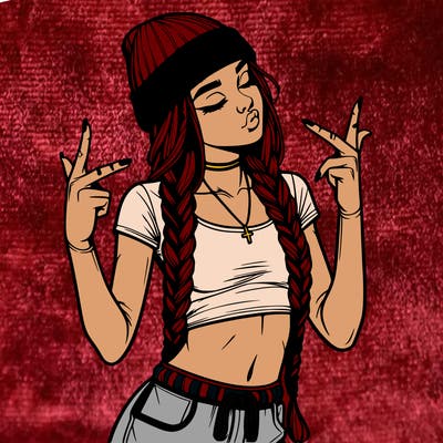 realistic teenage girl with braids and a beanie and crop top doing 🫶🏼