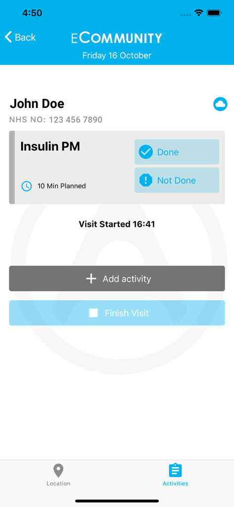 eCommunity - eCommunity app screen showing patient visit information and treatment tasks