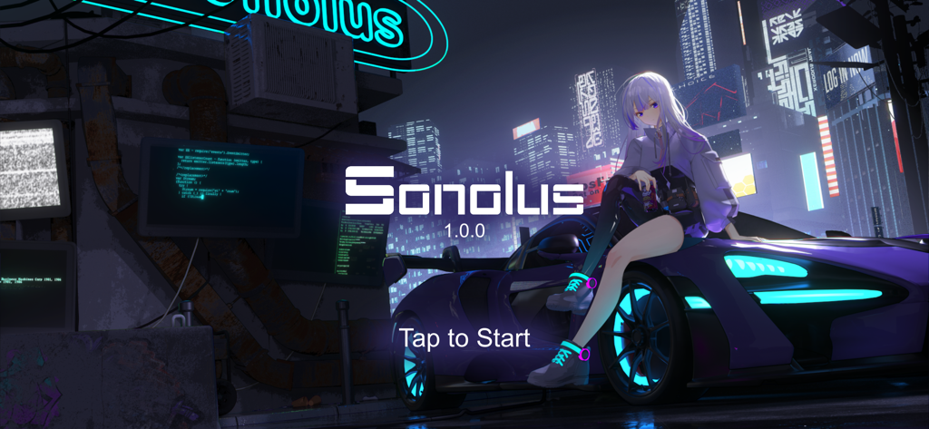Sonolus - Pantalla de título de la aplicación de juegos de ritmo Sonolus con un personaje de anime sentado en un coche deportivo morado en una ciudad ciberpunk de neón