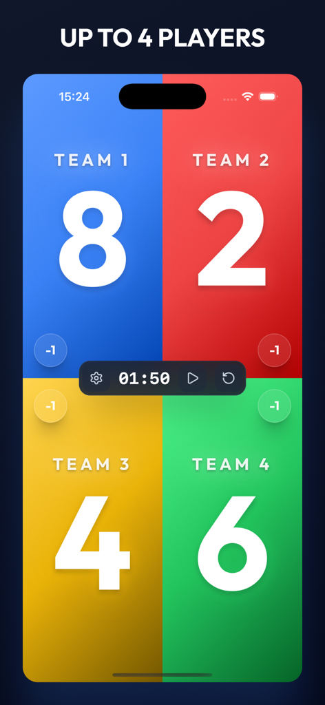 Scoard: Scoreboard & Points - Interface of the Scoard app showing a color-coded four-player scoreboard with a central game timer.