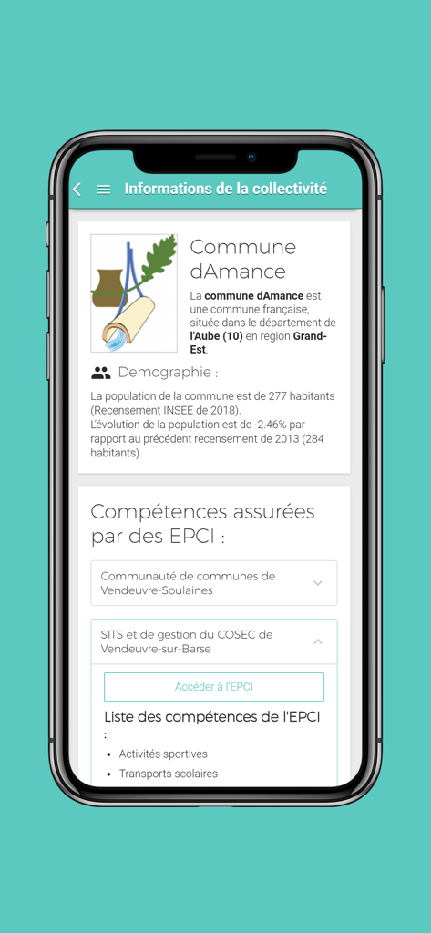 Maelis - Screenshot of the Maelis app displaying local government information and demographics for the commune of Amance