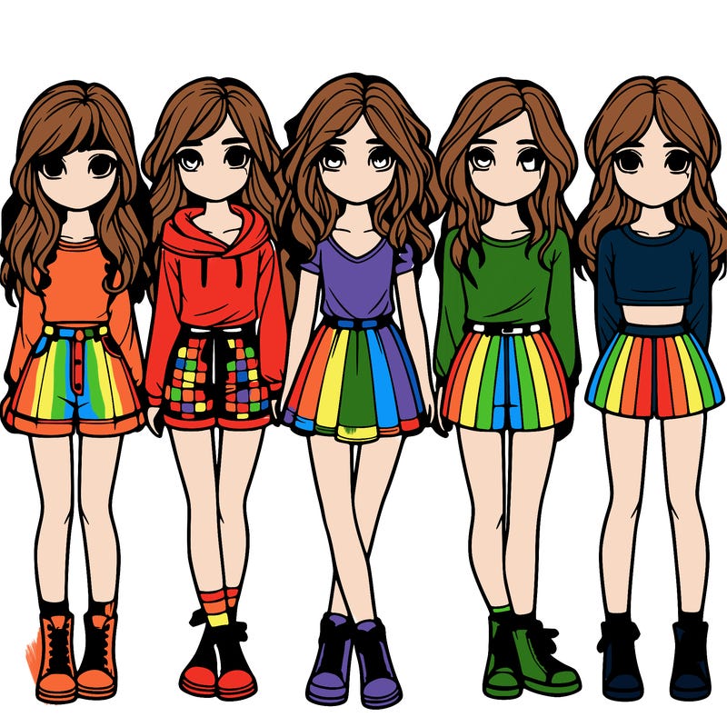 group of 6 realistic girls in a row