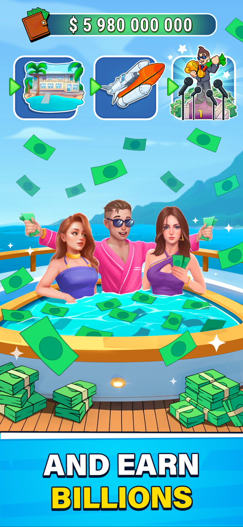 Billionaire lifestyle simulation showing a man in a hot tub on a yacht surrounded by cash and luxury icons