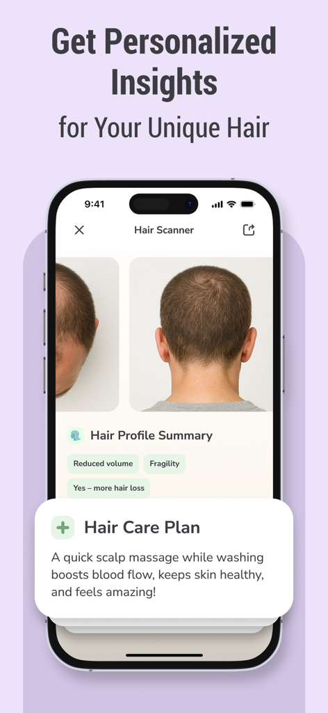 Hair Snap: AI Hair Scanner - AI hair scanner app interface showing a personalized hair profile and hair care plan recommendations