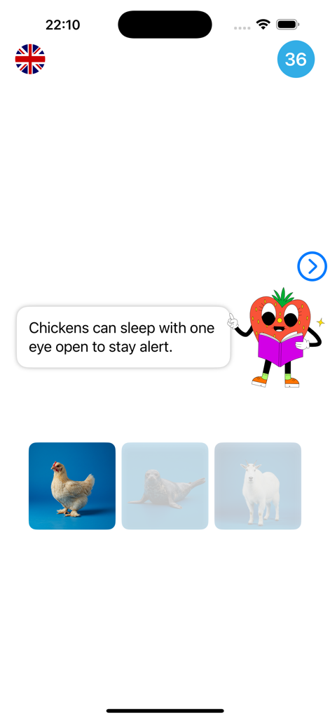 Animal Voice Challenge - Pantalla de trivia educativa en la aplicación Animal Voice Challenge con un dato divertido sobre pollos y mosaicos de selección de animales