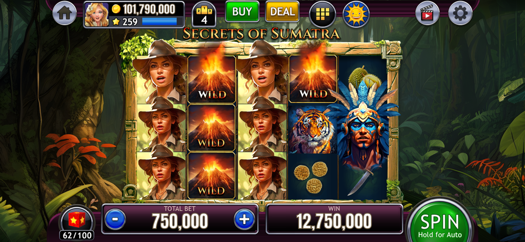 Slots of Luck Vegas Casino - Écran de jeu de la machine à sous sur le thème de la jungle Secrets of Sumatra dans Slots of Luck Vegas Casino